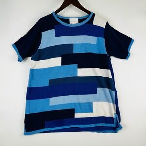 Susan Graver Womens Thick‎ Knit Short Sleeve Sweater 1X Blue Patchwork 90'S